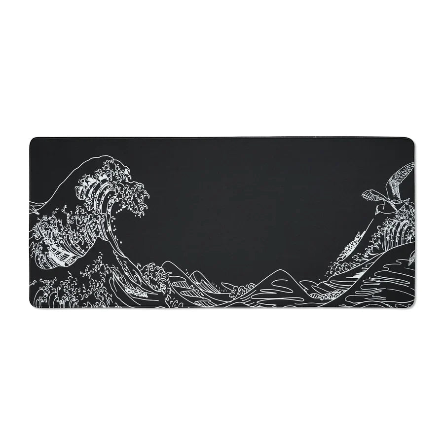 XVX Kanagawa Outline Black desk mat with white wave artwork