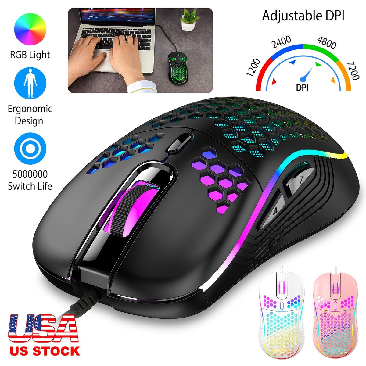 Wired Gaming Mouse 7200 DPI Laptop Optical Mouse Honeycomb Lightweight  Mouse with 4 Adjustable DPI Levels 7 Changeable Colors 6 Keys