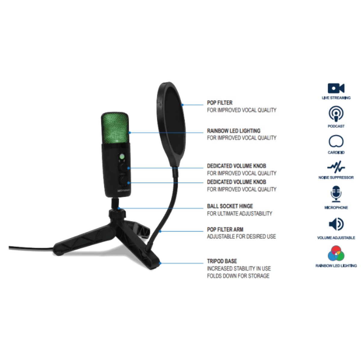 Emerson USB Gaming and Streaming Condenser Microphone with LED Lighting